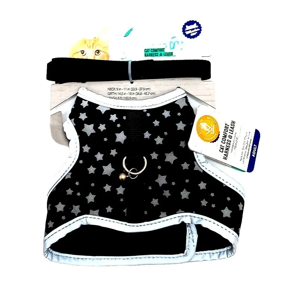 Cat Harness With Leash Black w Stars, and Reflective‎ Outline Large 14-18 Girth